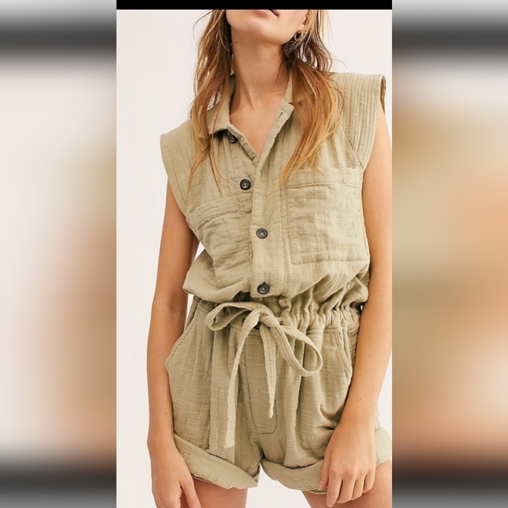 Free People One Kalahari One Pc Button Up Khaki Coveralls Tie waist w Pockets